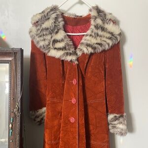 Vintage Crushed Velvet and Faux Fur Hooded Trench